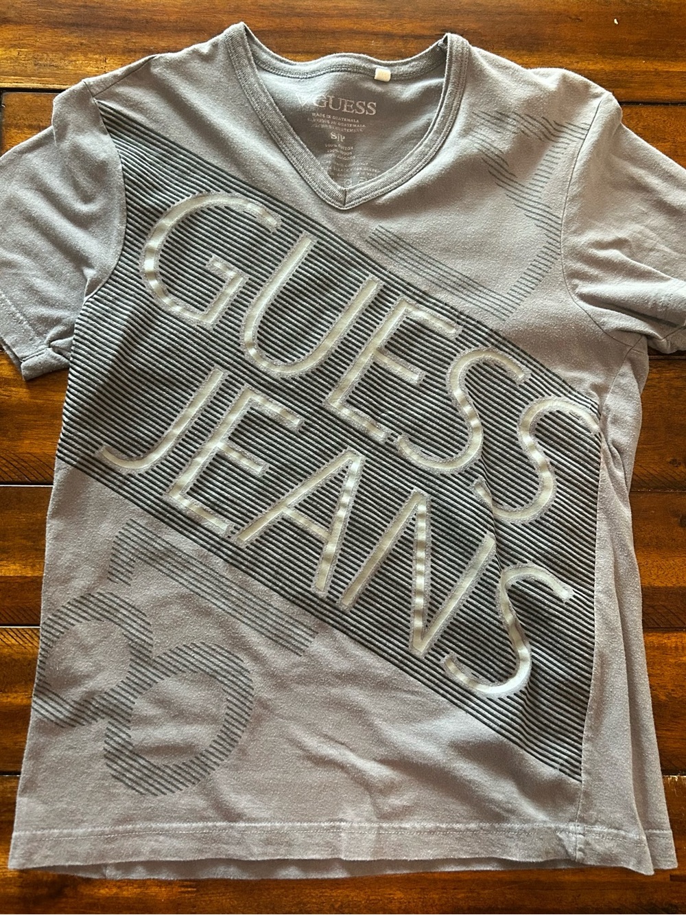 Guess Gray V-Neck Logo Tee with Striped Graphic
